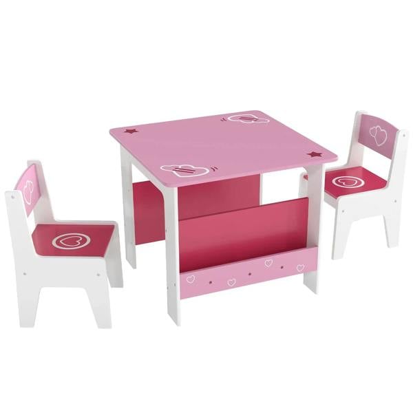 Kids pink activity table with storage shelf and two matching chairs, heart prints