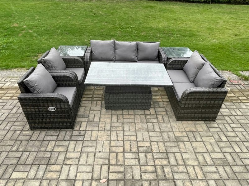 Fimous Dark Grey Mixed PE Rattan Outdoor Dining Set - Height Adjustable Lifting Table, Reclining Chair & 2 Side Tables