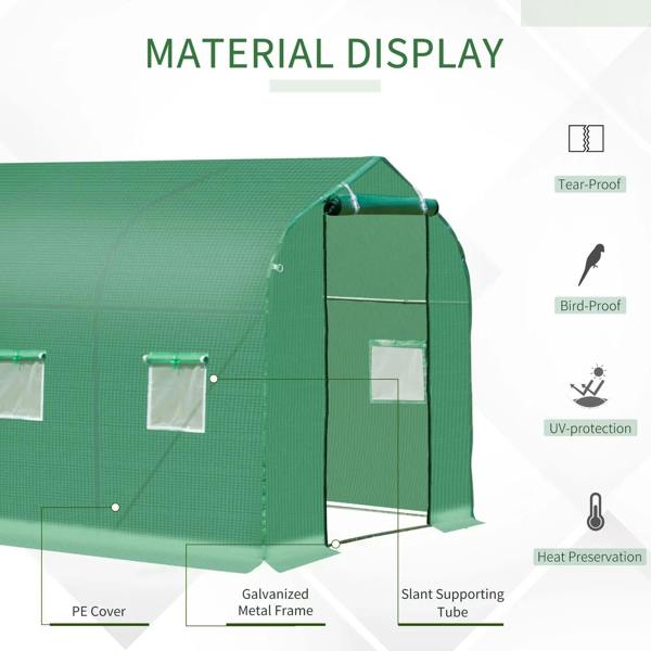 Green greenhouse with galvanized metal frame and PE cover with roll-up door