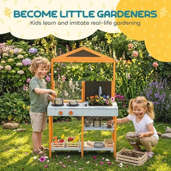 Bobobiy Mud Kitchen for Kids, Outdoor Wooden Play Kitchen with Sink, Stove, Cookware, Shelves, Pretend Play Toy for Ages 3-8