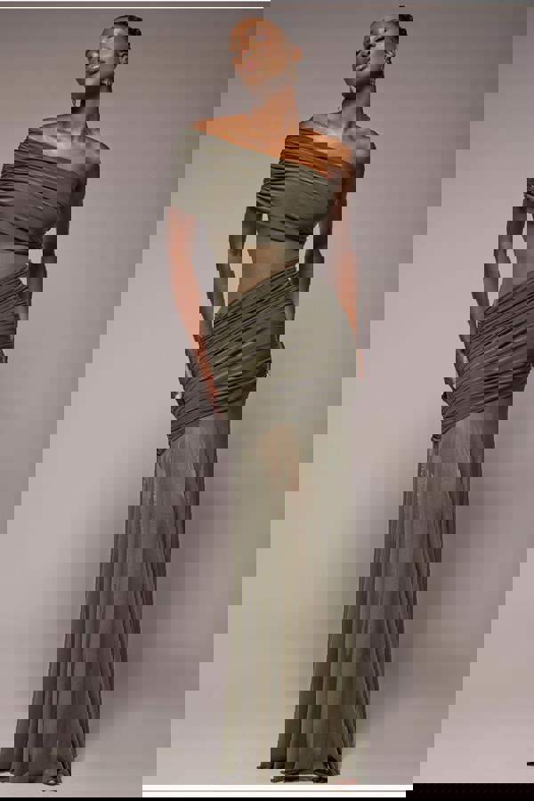 Gathered One Shoulder Sheer Panel Maxi Dress - Khaki Green DR4828