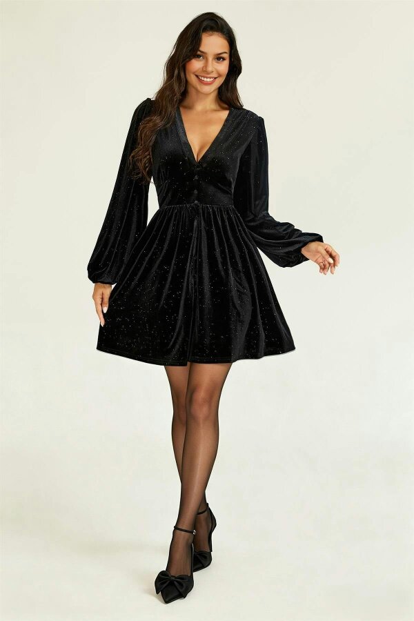 FS Collection Sparkly Star Night Velvet Long Sleeve Mini Dress In Black