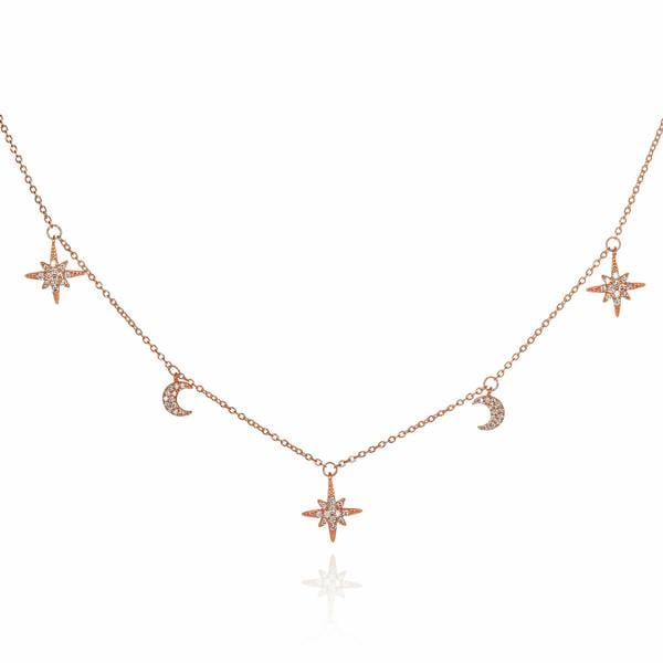 namana Rose Gold Plated 925 Sterling Silver Moon and Star Charm Necklace For Women