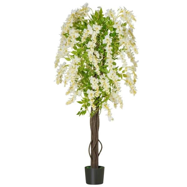 White faux wisteria tree with cascading blossoms in a black nursery pot