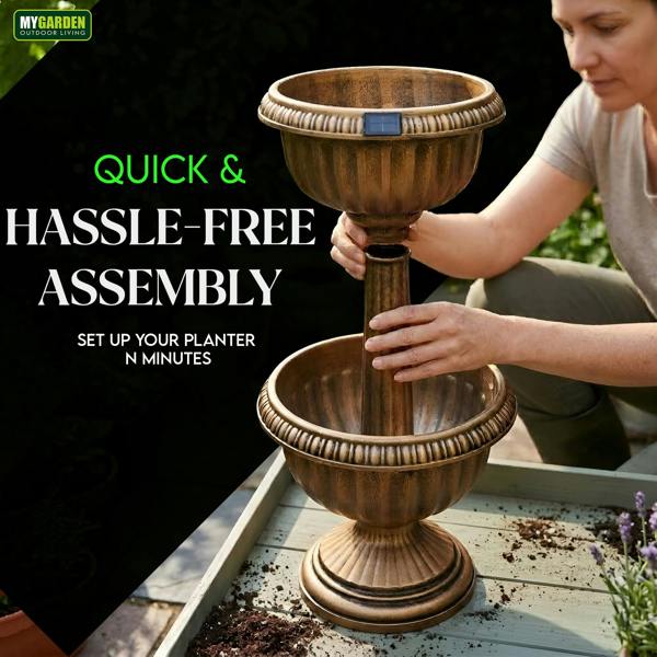 My Garden Outdoor Living MY Garden Planter 2 Tier with Solar Powered 8 LEDs-Tower Flower Planter with Bronze Antique Effect-Weather Resistant