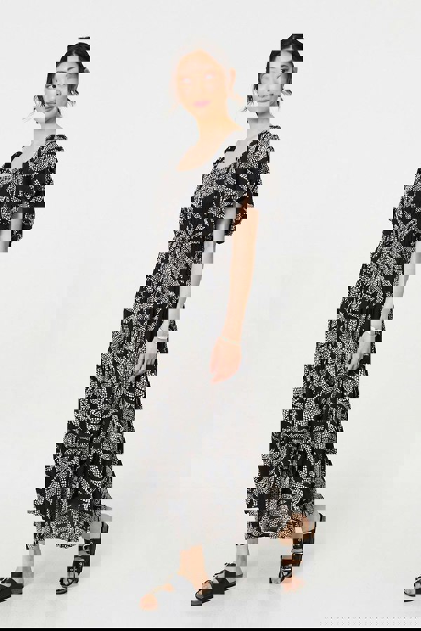 Black | Leaf Print Puff 1/2 Sleeve Midi Dress
