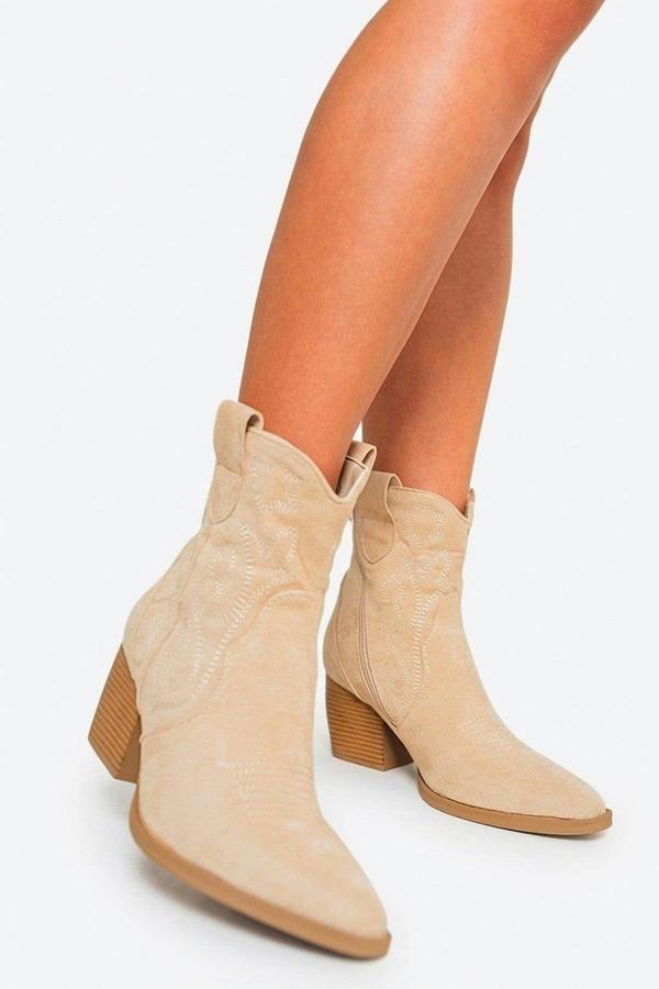 Laura Suede Cowboy Ankle Length Boots - Beige_wb