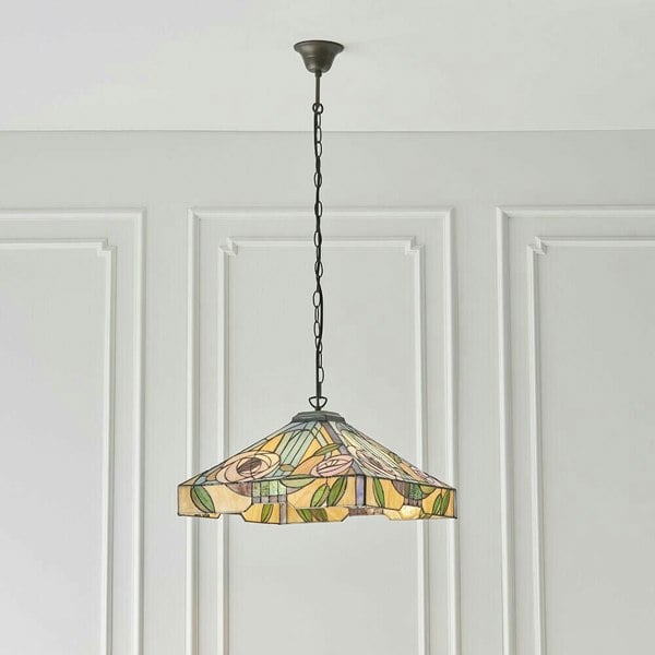 Tiffany Glass Hanging Ceiling Pendant Light Bronze & Square Rose Shade i00155 Loops