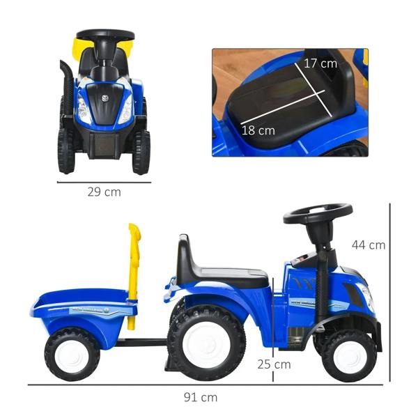 Blue toddler ride-on tractor walker shown from front and side angles with yellow horn