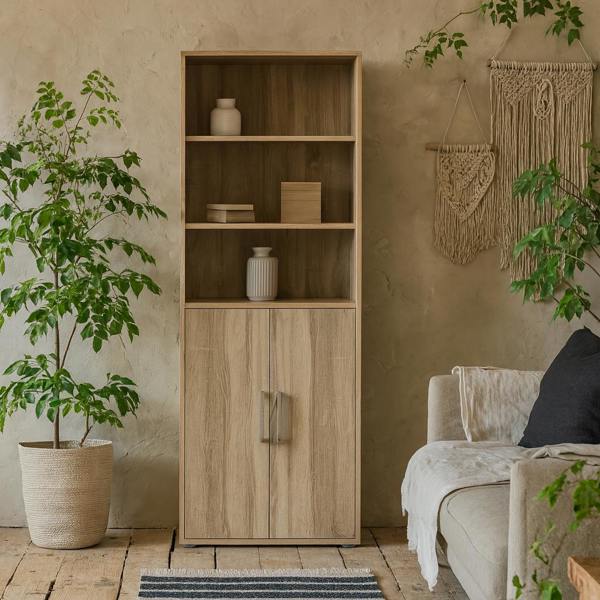Wyld Haus Dris Natural Oak Wood Effect Bookcase 4 Shelves 2 Doors
