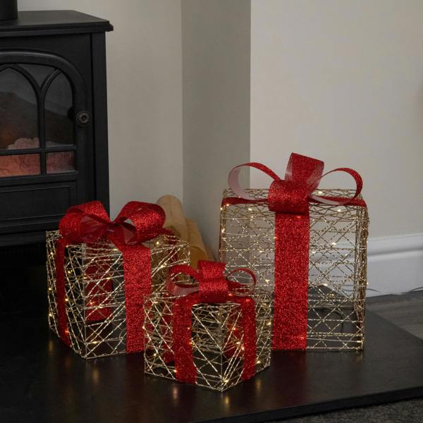 Samuel Alexander Set of 3 Gold Light Up Christmas Parcel Decorations with 90 Warm White LEDs