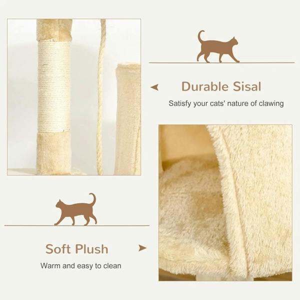 Beige cat tree sisal scratching post with soft plush surround for climbing and resting