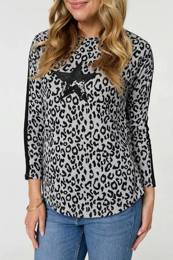 Grey | Animal Print Sequinned Long Sleeve Top