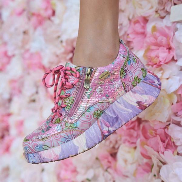 Laura Vita Women's Nikito 62 Rose Pink Floral Leather Trainers Platform Sneaker Shoes