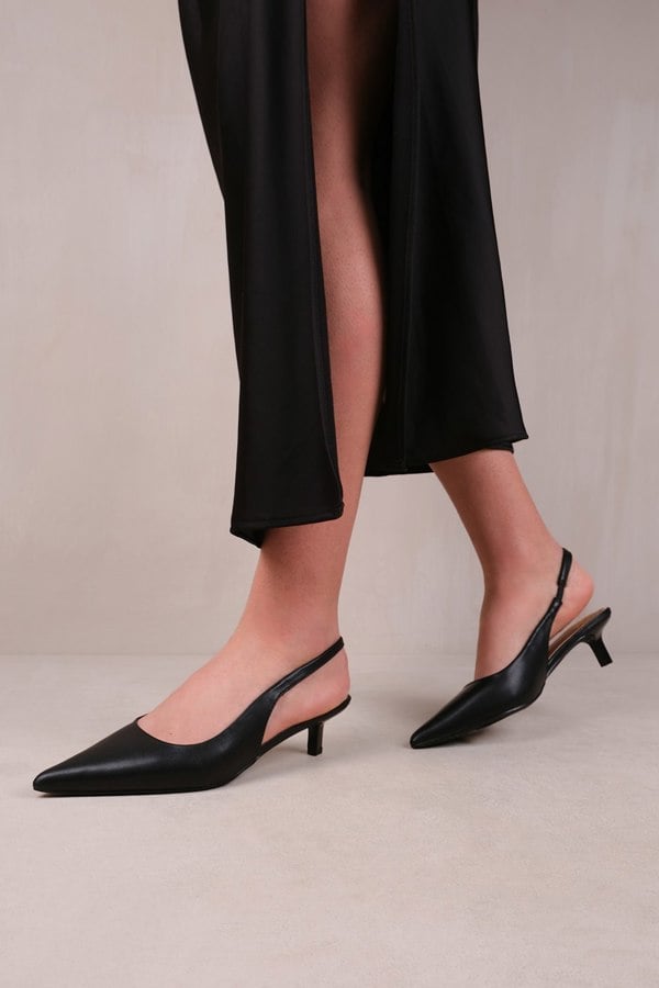 Where's That From New Form Low Kitten Heels With Pointed Toe & Elastic Slingback in Black Faux Leather