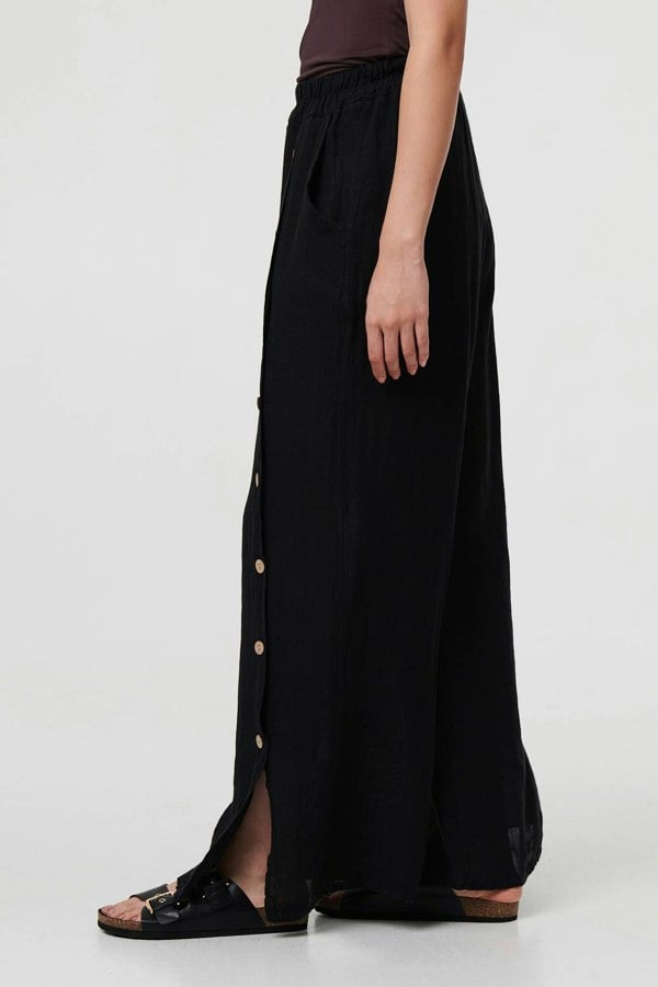Black | Button Detail Wide High Waist Trousers
