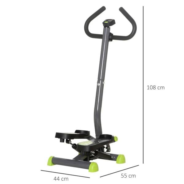 Grey stepper machine with adjustable frame and dual pedals, with size dimensions