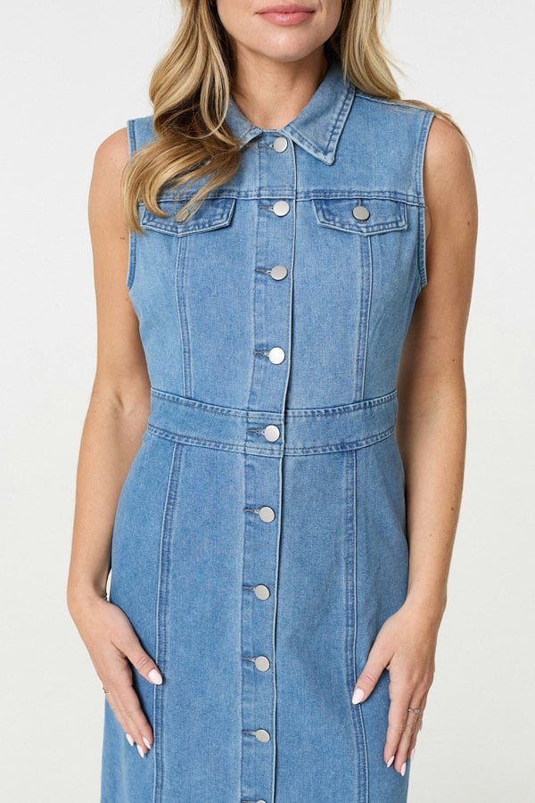Blue | Denim Button Sleeveless Midi Shirt Dress
