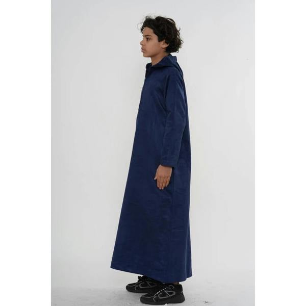 HM12 - Boy's Hooded Suede Emirati Omani Zipped Thobe - Navy - Thobez - 6