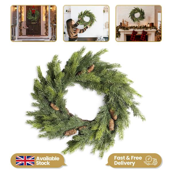 80cm Green Fir Artificial Christmas Wreath with Pine Cones, Realistic PE Finish for Indoor or Sheltered Outdoor Display image 9