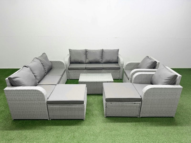 Fimous PE Rattan High Back Lounge Sofa Set Patio Coffee Table & Chairs Set with 3 Seater Sofa Reclining Chair 2 Big Footstool Light Grey
