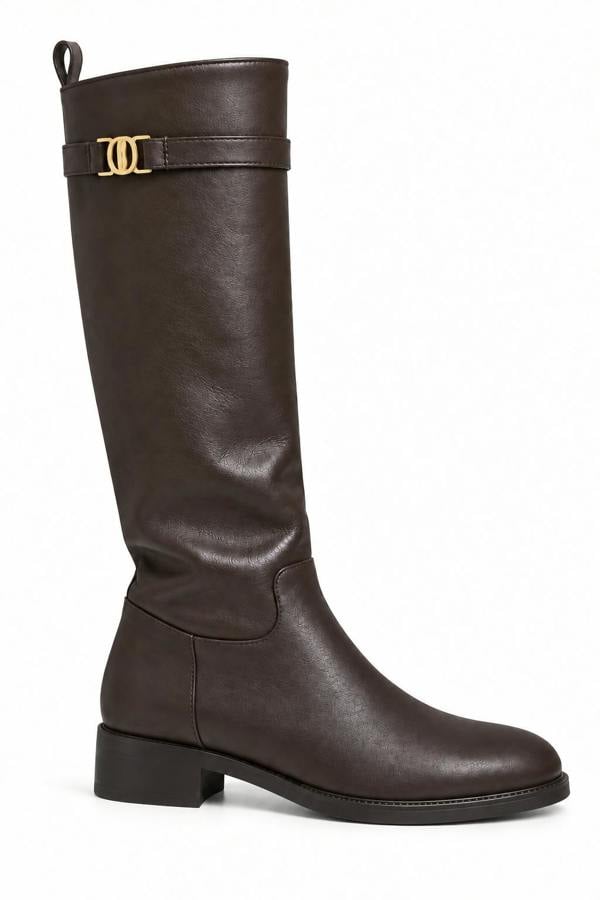 Love Lemonade Elodie Luxe Buckle Trim Leather Look Zip Up Knee High Boots Coffee Brown