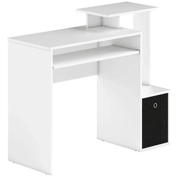 White computer desk with open shelf, sliding keyboard tray, and black fabric storage drawer