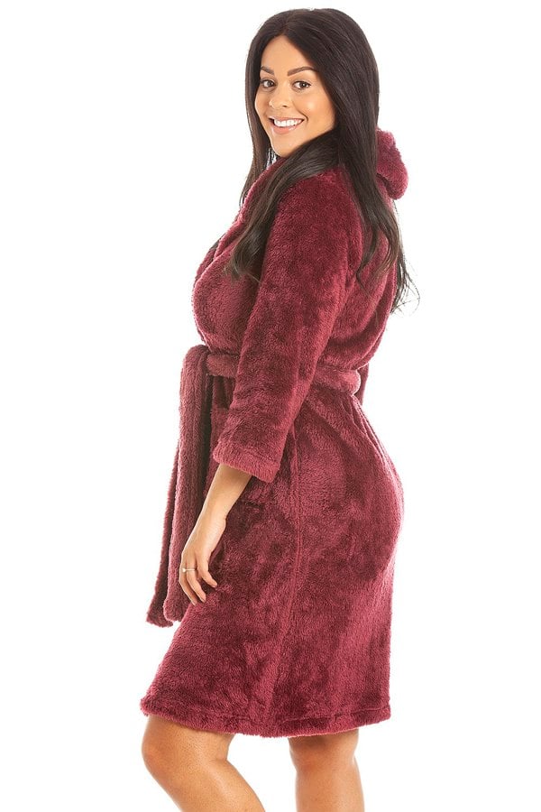Camille Womens Burgundy Supersoft Fluffy Fleece Hooded Robes