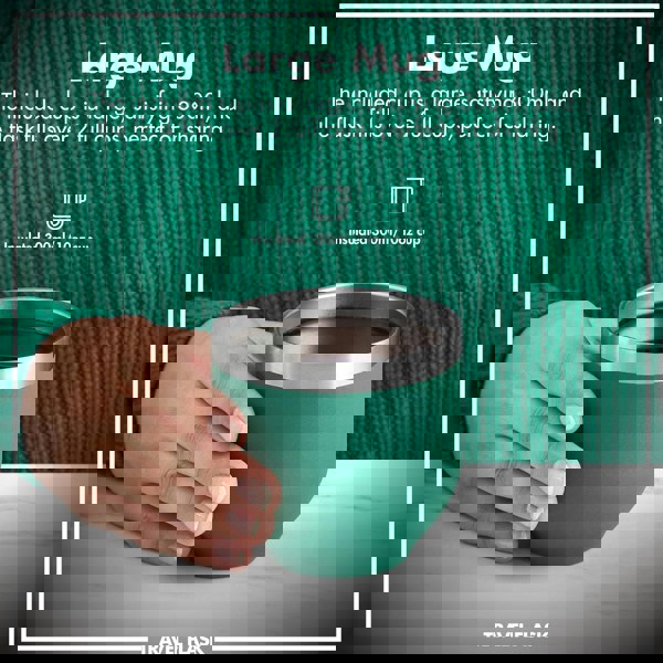 A hand holds a large green insulated mug filled with liquid against a textured green sweater background. Text reads: Large Mug The included cup is a large, satisfying 300ml, and the flask fills over 2 full cups, perfect for sharing. Insulated 300ml/10oz cup. Travel Flask.