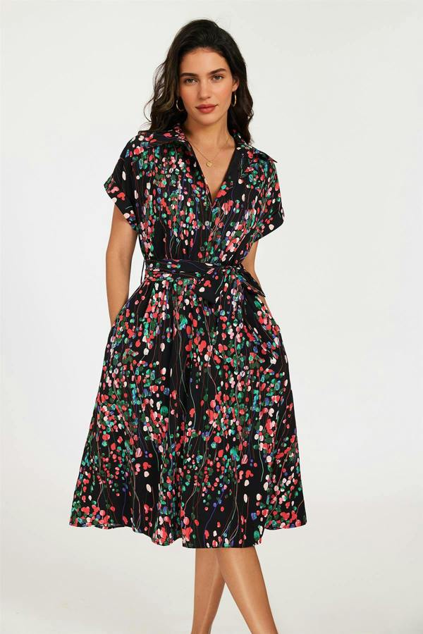FS Collection Black Floral Shirt Midi Dress with Tie Waist and Short Sleeves