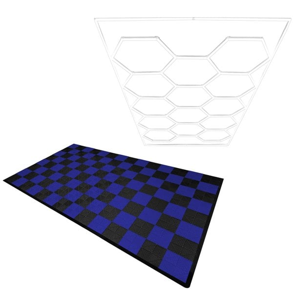 Monstershop Hexagon LED Light & Vented Garage Floor Tiles With Edges - 60 Black & 60 Blue