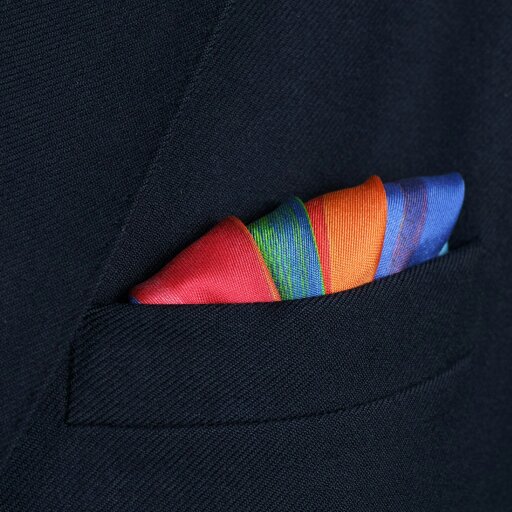 Otway & Orford 'Taverners' Celebration' striped silk pocket square in red, green, blue & orange (42 x 42cm)