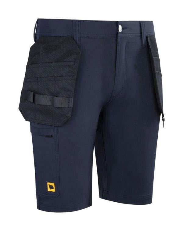 JCB 4-Way Stretch Mens Premium Holster Cargo Work Trade Shorts, navy blue shorts with multiple side pockets and black holster attached.