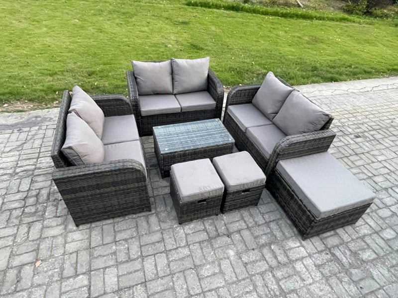 Fimous Outdoor Garden Furniture Sets 9 Seater Wicker Rattan Furniture Sofa Sets with Rectangular Coffee Table Love Sofa 3 Footstools Dark Grey Mixed