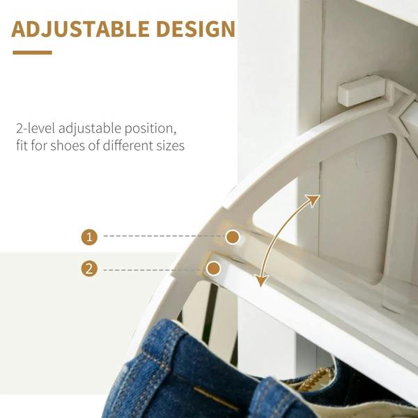 White cabinet interior with adjustable two-level shelf positions for different shoe sizes