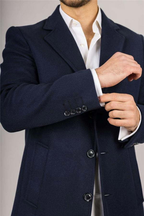 Infinity Leather Men's Notched Lapel Collar Wool Blend Navy Overcoat