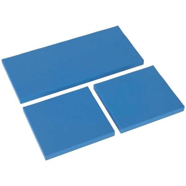 Sky blue outdoor seat cushion pads, three rectangular pieces