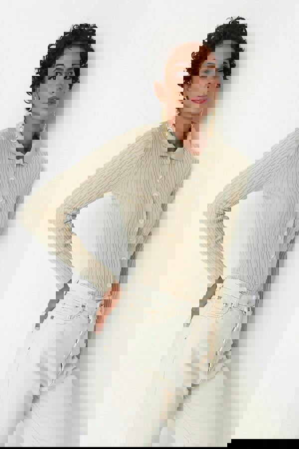 WOVCOR Mercerized Look Ribbed Polo Neck Knit Cardigan