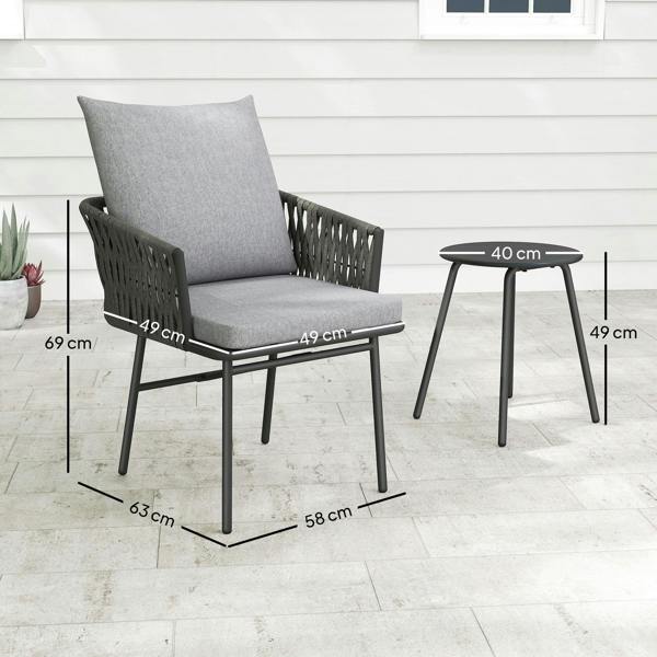 Wyld Haus Sunoco Grey Rattan Weave Rope 3 Piece Bistro Set With Cushions And Glass Coffee Table