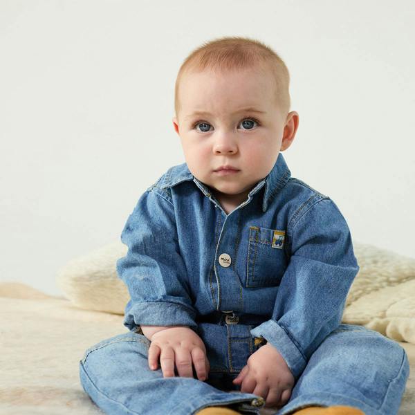 Mini Cuddles Baby Boys Cotton Button Front Full Sleeve Denim Romper Casual Wear, Dark Wash Blue