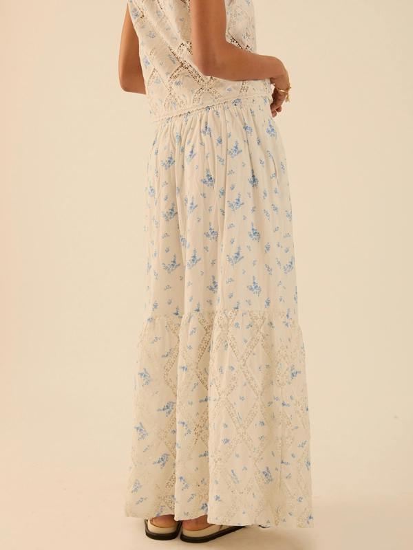 Rose & Nancy Nell White Cotton Printed Floral Lace Maxi Skirt