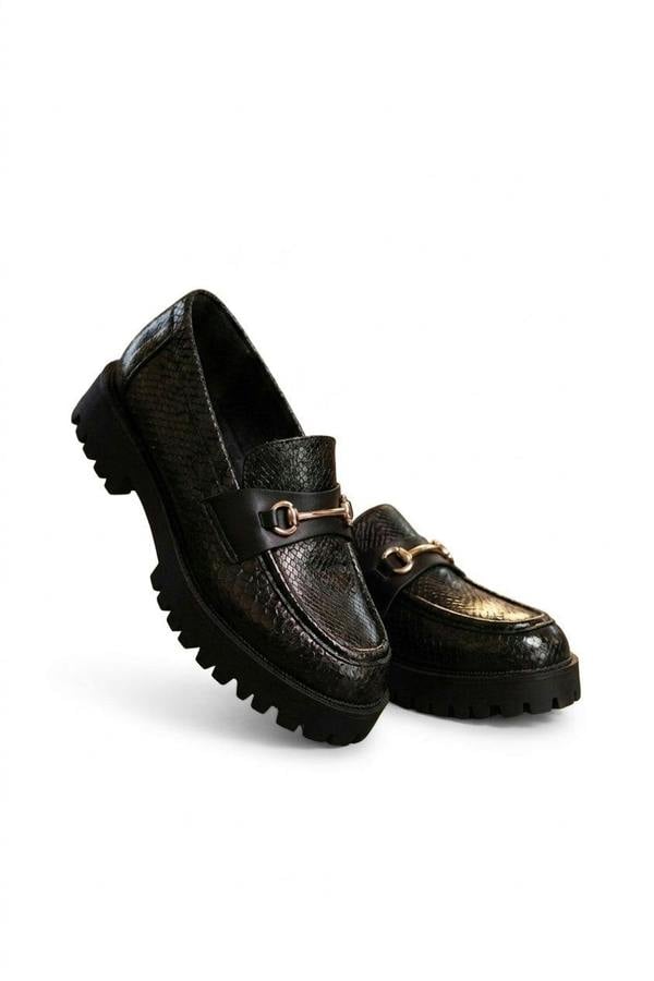 Poppy Snakeskin Chunky Loafers - Black_wb