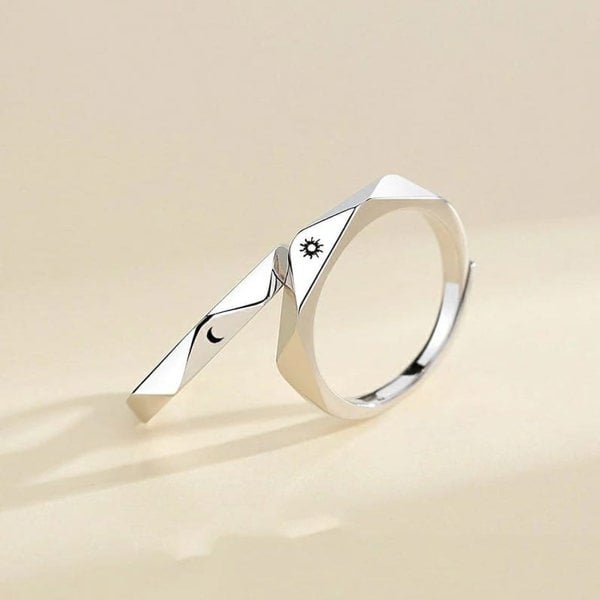 The Colourful Aura Silver Angle Cut Couple Moon and Sun Promise Adjustable Ring set