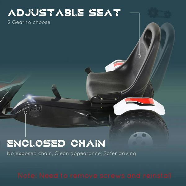 Black bucket seat on white-and-black kids pedal go-kart with enclosed drive chain