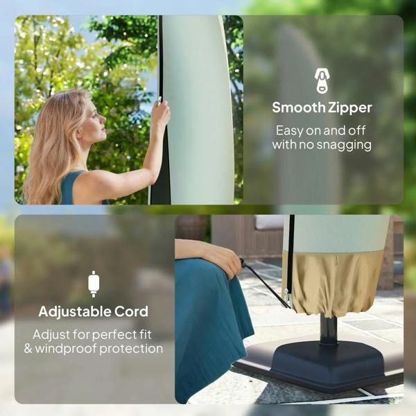 Beige cantilever umbrella cover with smooth zipper and adjustable cord at hem