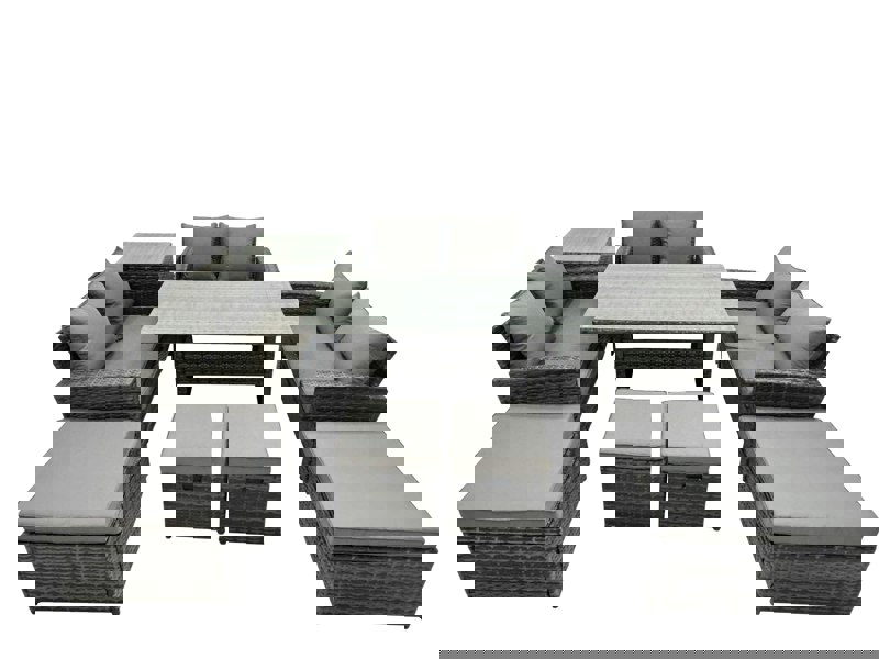 Fimous 10 Seater Wicker PE Rattan Furniture Outdoor Dining Table Double Seat Sofa Side Table 4 Stools Set Dark Grey Mixed