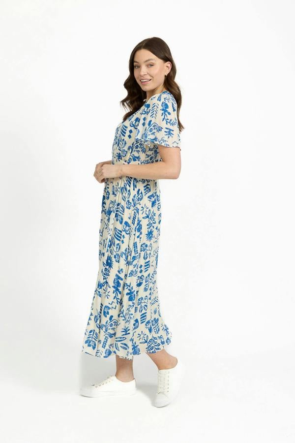 Mudflower Leaf Print Button-Up V-Neck Lurex Dress