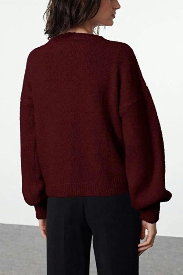 WOVCOR Soft-Textured Knit Cardigan with Button Detail and Balloon Sleeves