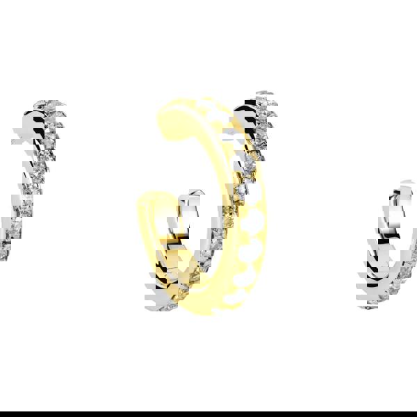 Gold hoop earring with embedded diamonds on a white background. Adjustable gold vermeil single ear cuff by BLOOMTINE with high-refractive lab moissanites. This 'no-piercing required' cartilage hoop features 14K gold over sterling silver and oil-resistant stones that stay bright against perfumes and lotions. An ethical, non-invasive jewelry gift