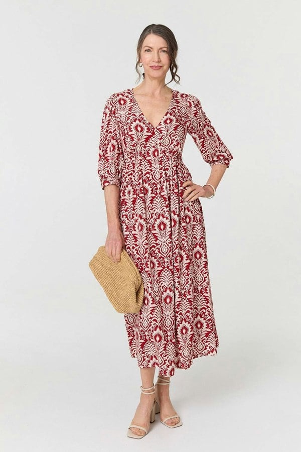 Red | Printed Ruched 3/4 Sleeve Midi Dress
